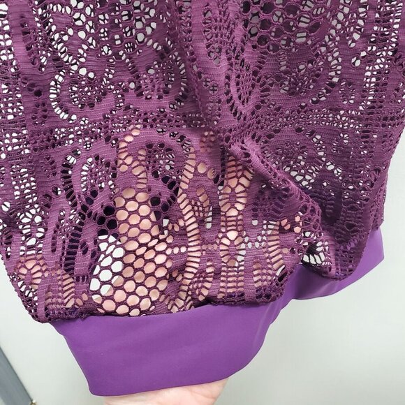 AnnJo Women Purple Plum Crochet Doily Lace Overlay 2-Fer Tankini Swim Tank M - Picture 2 of 7